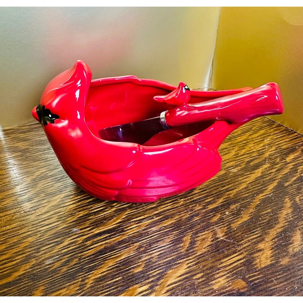 TAG Red Cardinal Ceramic Bowl & Matching Bird Spreader Set – Festive Holiday